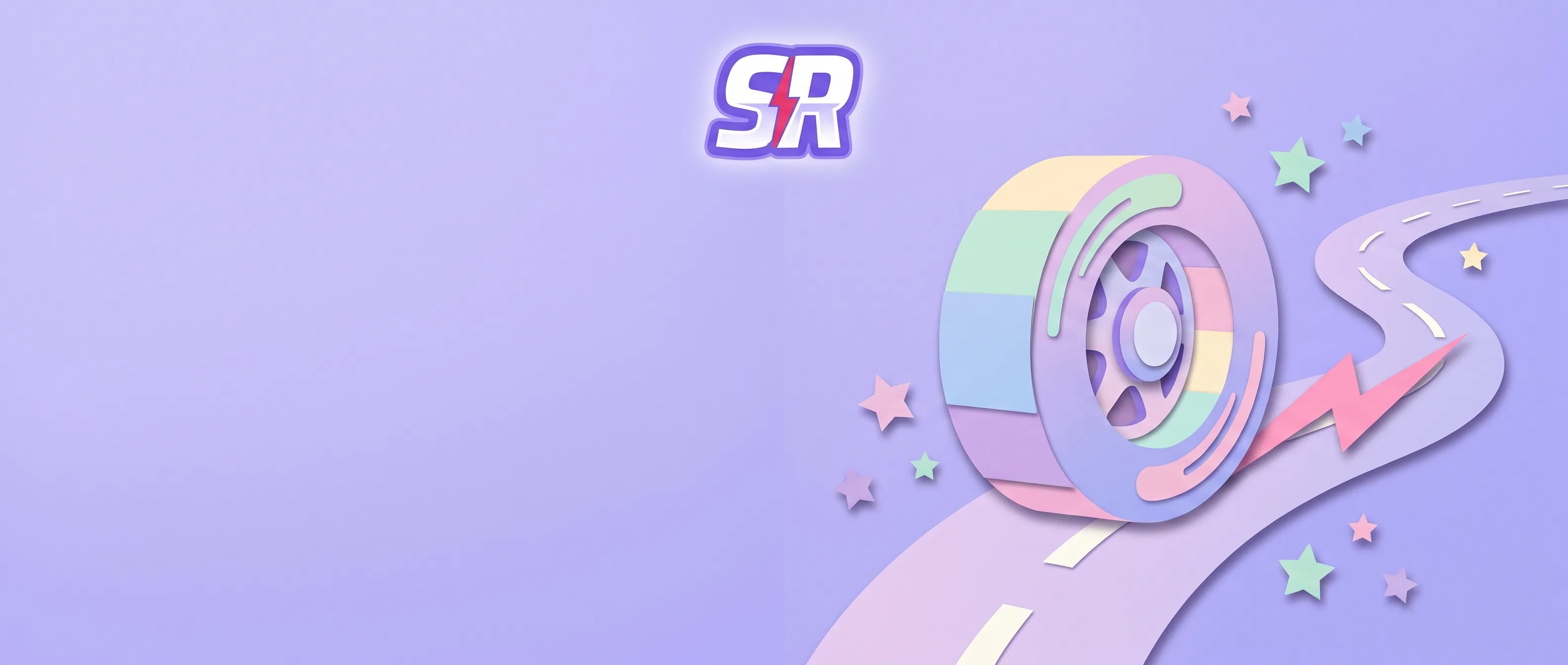 Ruota Spinrollz e fulmine su uno sfondo di carta color lavanda